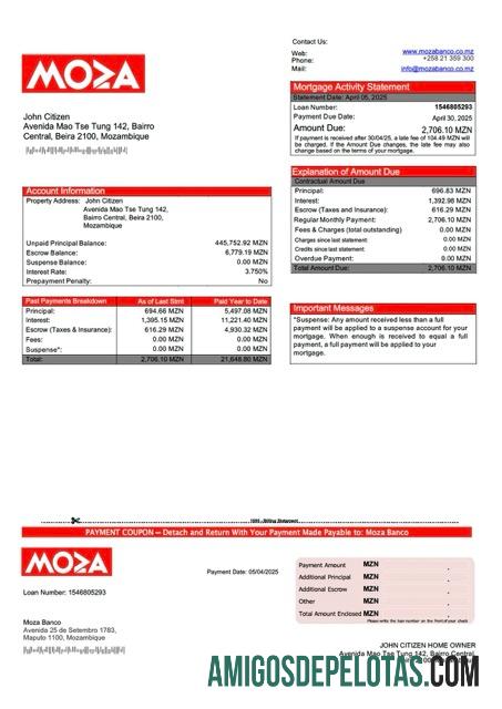 em branco Mozambique Moza Banco Mortgage Statement Word And PDF Template